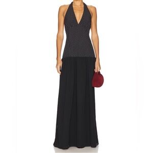 Halter Neck Black Maxi Dress with Polka Dot Bodice